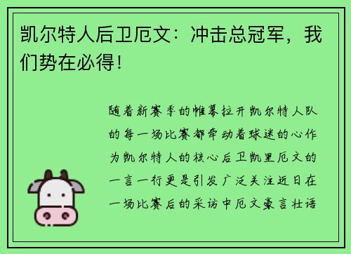 凯尔特人后卫厄文：冲击总冠军，我们势在必得！